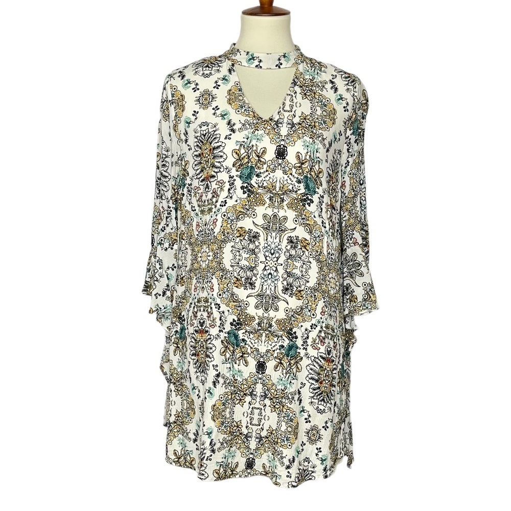 Altar’d State Dress Womens Large Ivory Floral Tunic Length Lined Flutter Sleeves
